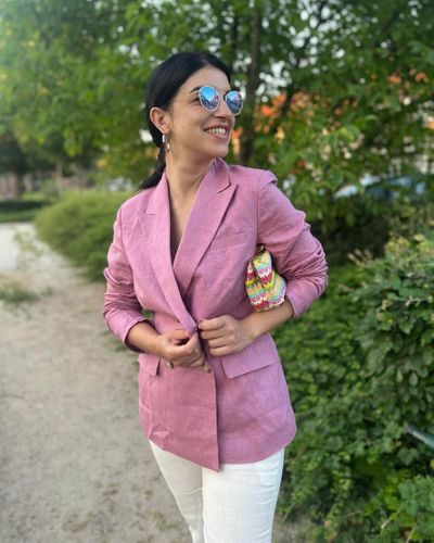 Pink Double-breasted Blazer with White Pants